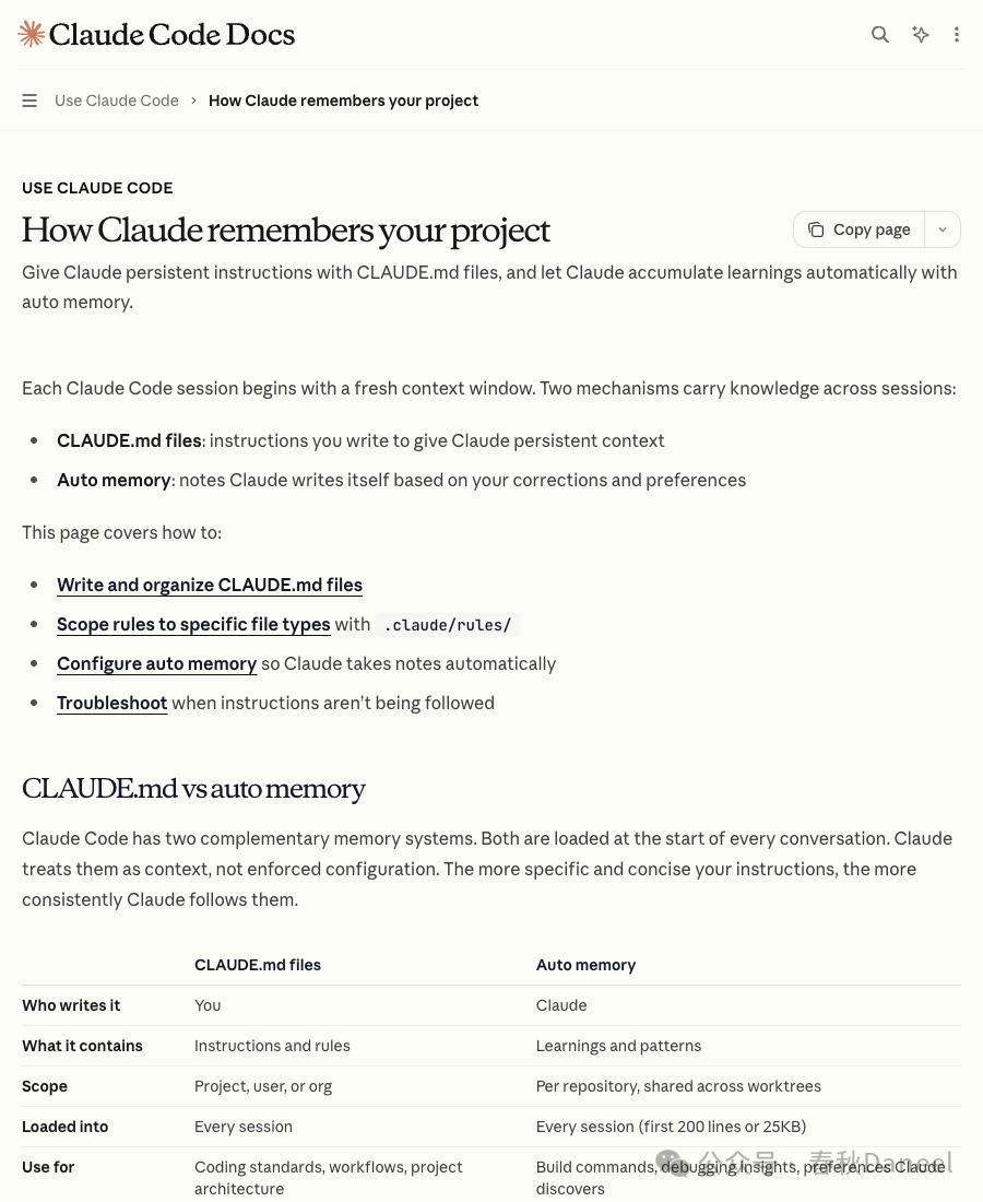 Claude Code memory 文档说明 CLAUDE.md 如何作为项目记忆入口
